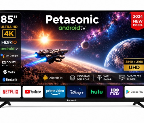Petasonic 85-Inch 4K UHD Android Smart TV (Android 14, HDR10, WiFi, Bluetooth, DVB-T2/S2, Dolby Audio, Google Play)-image